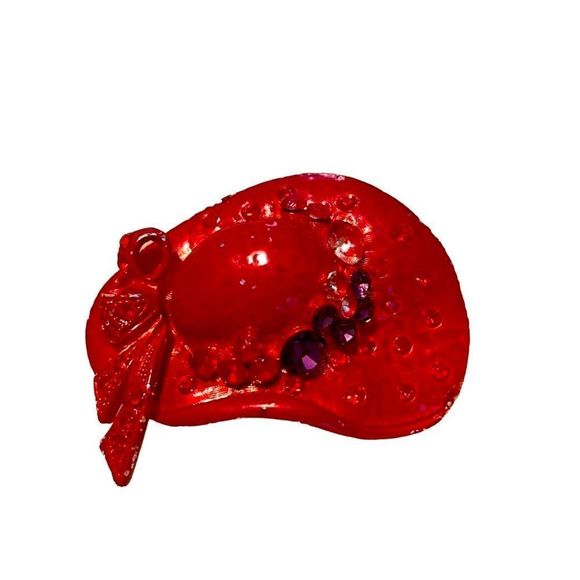 Vintage Red Ceramic and Rhinestone Hat Brooch - Picture 7 of 7